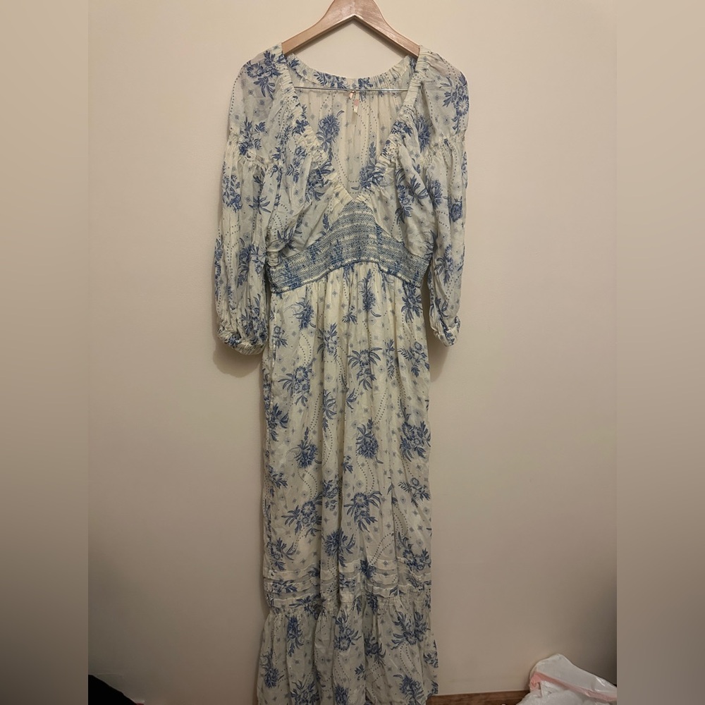Free People Cream and Blue Floral Long Sleeve Maxi Dress